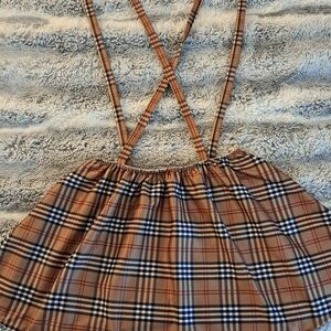 90s Vintage Plaid Tan Crossback Suspender Skirt